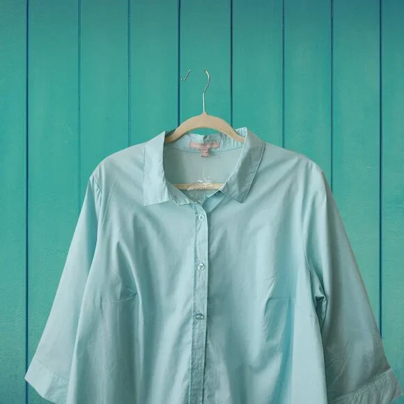Woman Within Mint Green 3/4 Sleeve Button Down Shirt Size L (18W/20W) - Picture 2 of 10